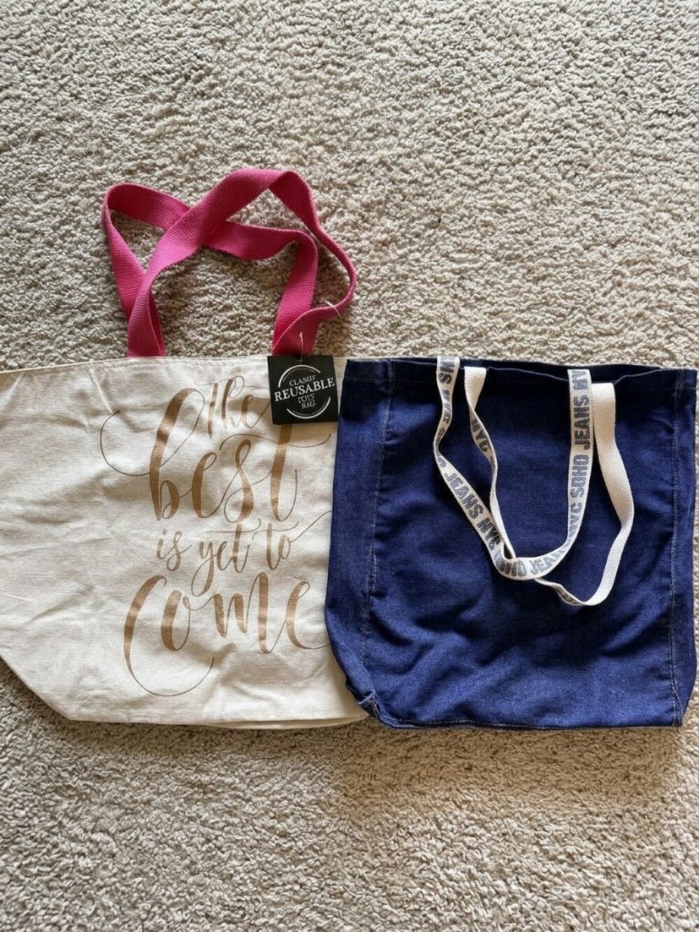 Set 2 Tote Bags Soho Jeans Denim & Canvas Gold The Best Is Yet To Come NWT
